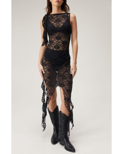 Nasty Gal Sheer Lace Ruffle Dress - Black