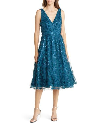 Eliza J Petite V-neck Sequin Floral Fit & Flare Dress - Blue