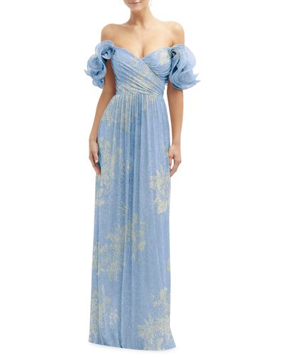 After Six Ruffle Off The Shoulder Metallic Column Gown - Blue