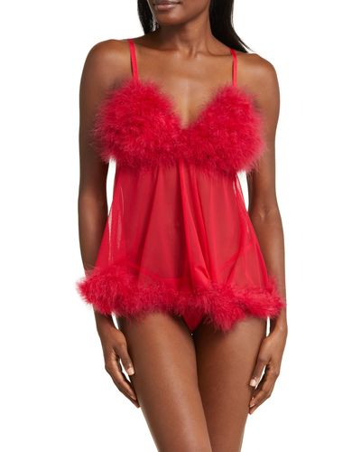 Coquette Feathery Babydoll Chemise & G-string Set - Red