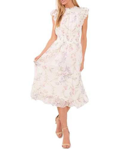 Cece Floral Clip Dot Smocked Ruffle Midi Dress - Multicolor