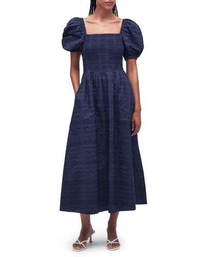 Barbour Macy Shirred Check Puff Sleeve Cotton Midi Dress - Blue
