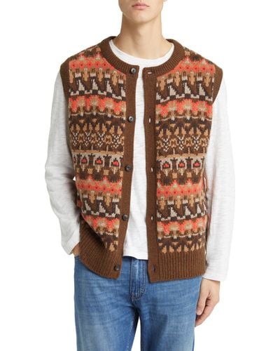 Closed Fair Isle Button Front Wool Sweater Vest - Brown