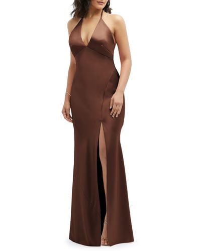 After Six Plunge Neck Charmeuse Halter Gown - Brown