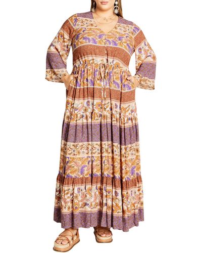 City Chic Endless Sun Stripe Long Sleeve Tiered Drawstring Waist Maxi Dress - Multicolor