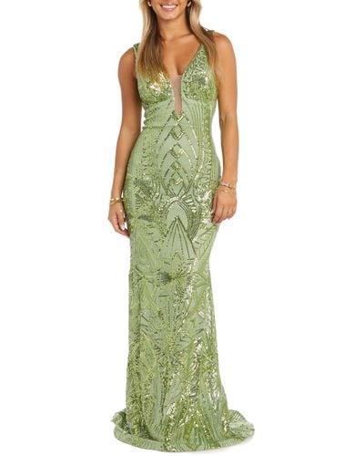 Morgan & Co. Sequin Embellished Column Gown - Green