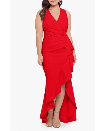 Betsy & Adam Sleeveless High-low Ruffle Gown - Red