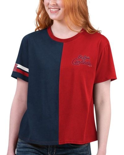 St. Louis Cardinals Fanatics Branded Women's Light Blue/Red True Classic  League Diva Pinstripe Raglan V-Neck T-Shirt