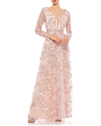 Mac Duggal Floral Appliqué Long Sleeve Lace A-line Gown - Pink