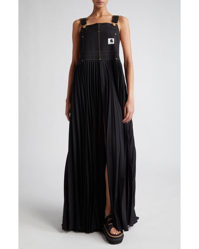 Sacai Carhartt Wip Mixed Media Pleated Skirt Overall Maxi Dress - Black