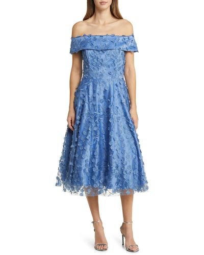 Eliza J Floral Appliqué Off The Shoulder Midi Cocktail Dress - Blue