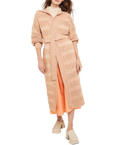 Misook Pointelle Stitch Relaxed Belted Sweater Coat - Natural