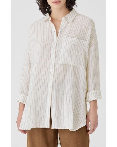 Eileen Fisher Stripe Classic Collar Organic Linen Button-up Shirt - White