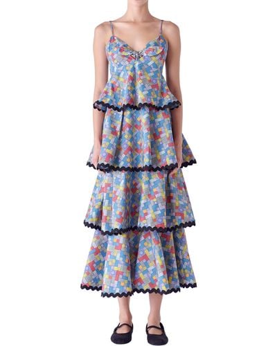 English Factory Grid Print Tiered Maxi Dress - Blue
