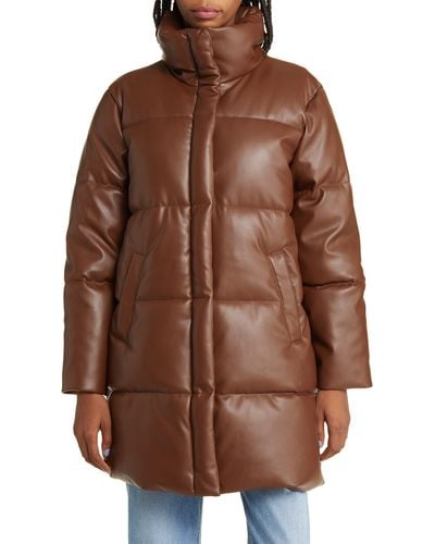 Levi's Water Resistant Faux Leather Long Puffer Coat - Brown
