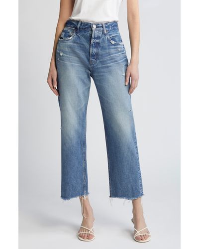 Moussy Peccole Frayed High Waist Ankle Relaxed Straight Leg Jeans - Blue