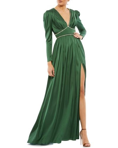 Mac Duggal Crystal Detail Satin Empire Waist Long Sleeve Gown - Green