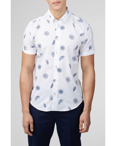 Ben Sherman Floral Short Sleeve Button-down Shirt - White