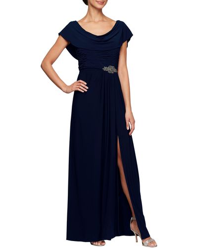 Alex Evenings Cowl Neck Beaded Waist Gown In Navy At Nordstrom Rack - Blue