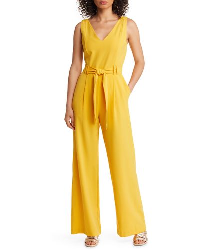 Tahari Tie Waist Crepe Jumpsuit - Yellow