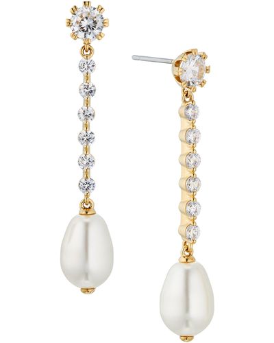 Nadri Crystal Imitation Pearl Linear Earrings - White