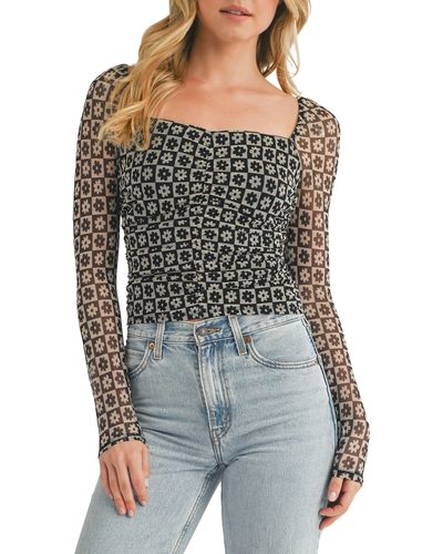 All In Favor Floral Ruched Long Sleeve Mesh Top In At Nordstrom, Size X-small - Black
