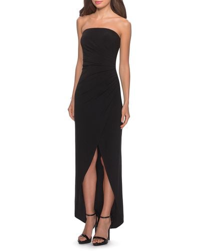 La Femme Strapless Ruched Soft Jersey Gown - Black