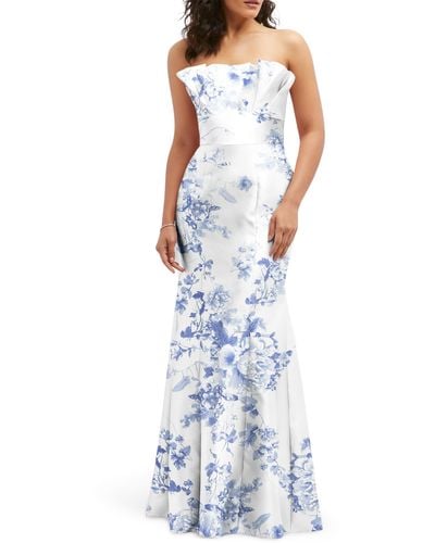 Alfred Sung Floral Ruffle Strapless Trumpet Gown - Blue