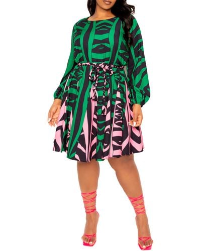 Buxom Couture Bishop Sleeve Belted Fit & Flare Dress - Green