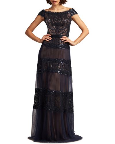 Tadashi Shoji Sequin Corded Lace Off The Shoulder Gown - Blue