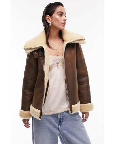 TOPSHOP Faux Leather Aviator Jacket With Faux Fur Trim - Brown