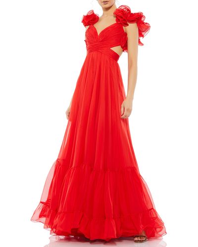 Mac Duggal Rosette Chiffon Cutout Empire Waist Gown - Red