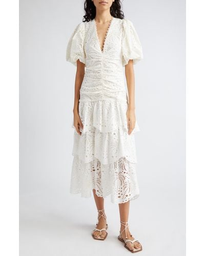 FARM Rio Eyelet Puff Sleeve Tiered Cotton Midi Dress - White