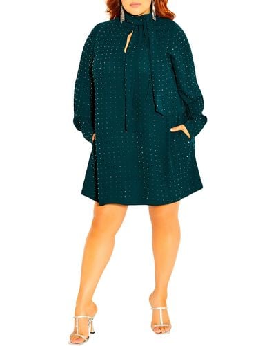 City Chic Nailhead Studded Long Sleeve Tunic Dress - Green