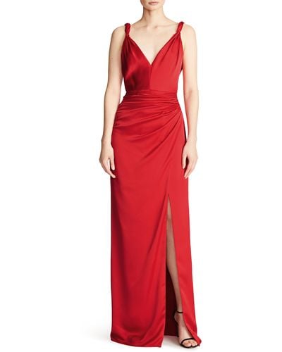 Halston Yvette Side Ruched Satin Gown - Red