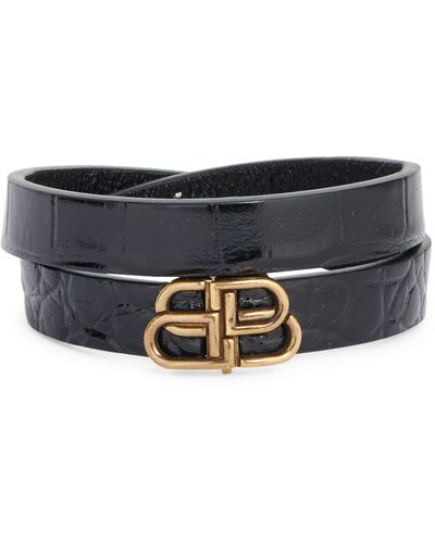 Balenciaga Double-b Logo Leather Wrap Bracelet - Black