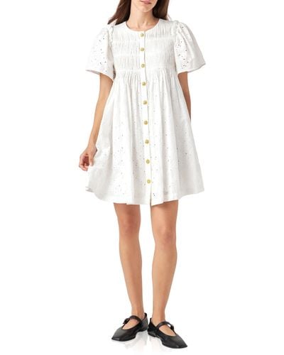 English Factory Embroidered Cotton Eyelet Button-up Babydoll Dress - White