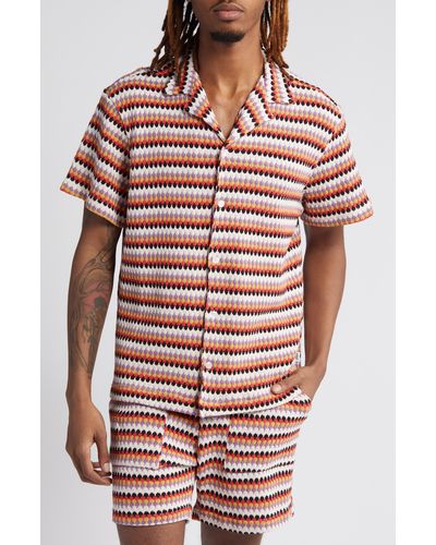KROST Stripe Pointelle Short Sleeve Knit Button-up Shirt - Red
