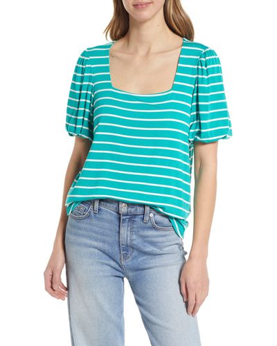 Gibsonlook Stripe Puff Sleeve Square Neck T-shirt - Blue