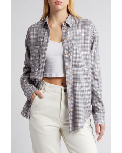BP. Plaid Oversize Cotton Flannel Button-up Shirt - Gray