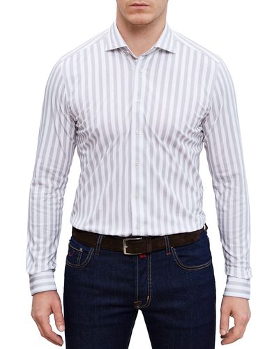 Emanuel Berg 4flex Modern Fit Stripe Knit Button-up Shirt - White