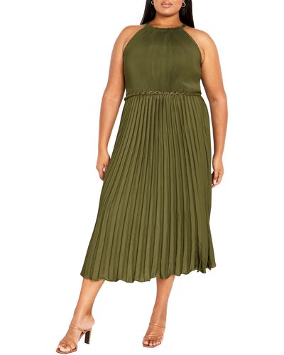 City Chic Isobel Pleated Midi Dress - Green
