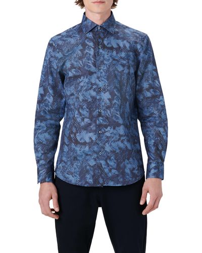 Bugatchi Shaped Fit Abstract Print Stretch Cotton Button-up Shirt - Blue