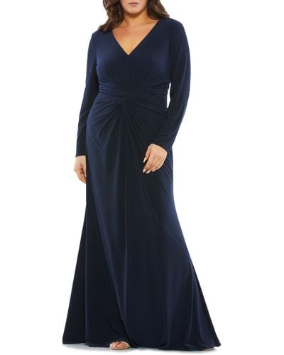 Mac Duggal Ruched Long Sleeve Jersey Trumpet Gown - Blue