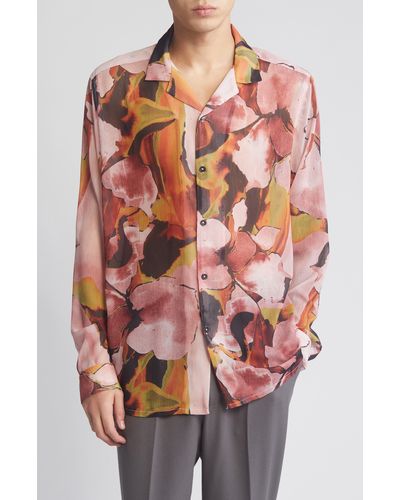 ASOS Abstract Floral Relaxed Long Sleeve Camp Shirt - Red
