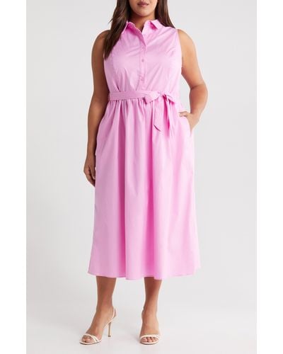 Maggy London Tie Waist Sleeveless Stretch Poplin Shirtdress - Pink