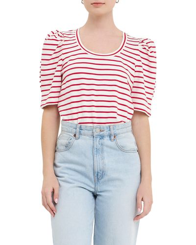 English Factory Stripe Pleated Puff Sleeve T-shirt - Red