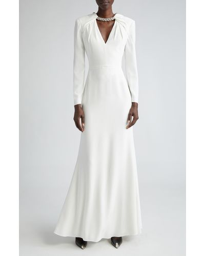 Alexander McQueen Crystal Embellished Long Sleeve Leaf Crepe Gown - White
