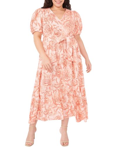 Cece Floral Puff Sleeve Linen Blend Dress - Pink