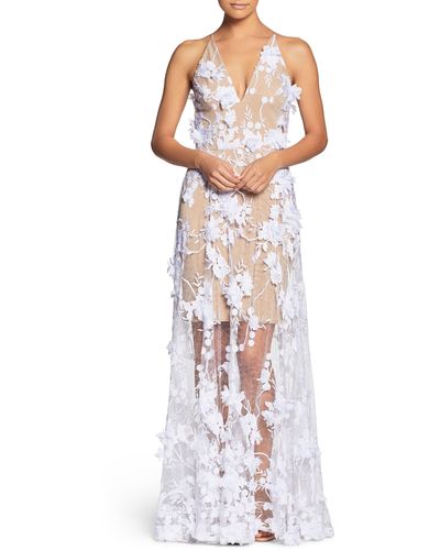 Dress the Population Sidney Deep V-neck 3d Lace Gown - White